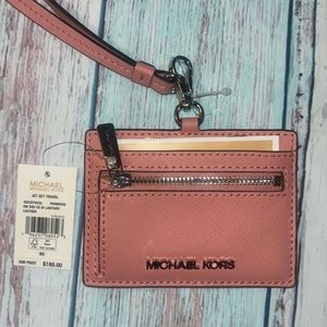 NWT MICHAEL KORS Jet Set Travel Saffiano Leather Card Case Lanyard ID Primrose